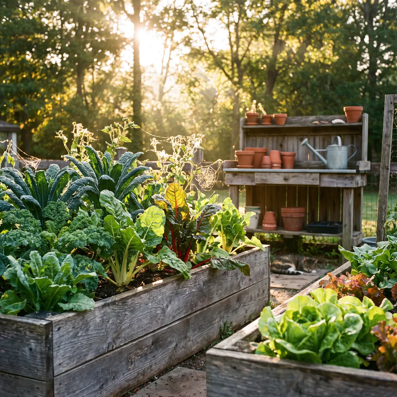 warm morning photo of a small backyard vegetable garden with raised wooden beds, dew on leafy greens, and soft golden sunlight