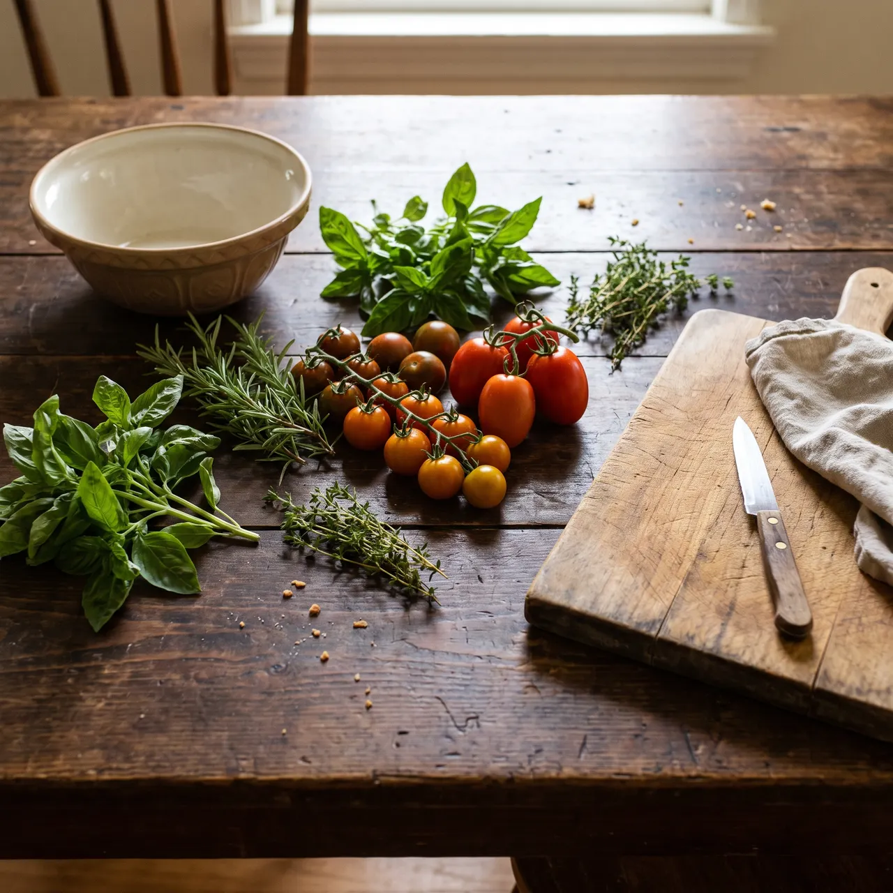 calm photo of freshly picked herbs and tomatoes resting on a rustic wooden kitchen table beside a cutting board