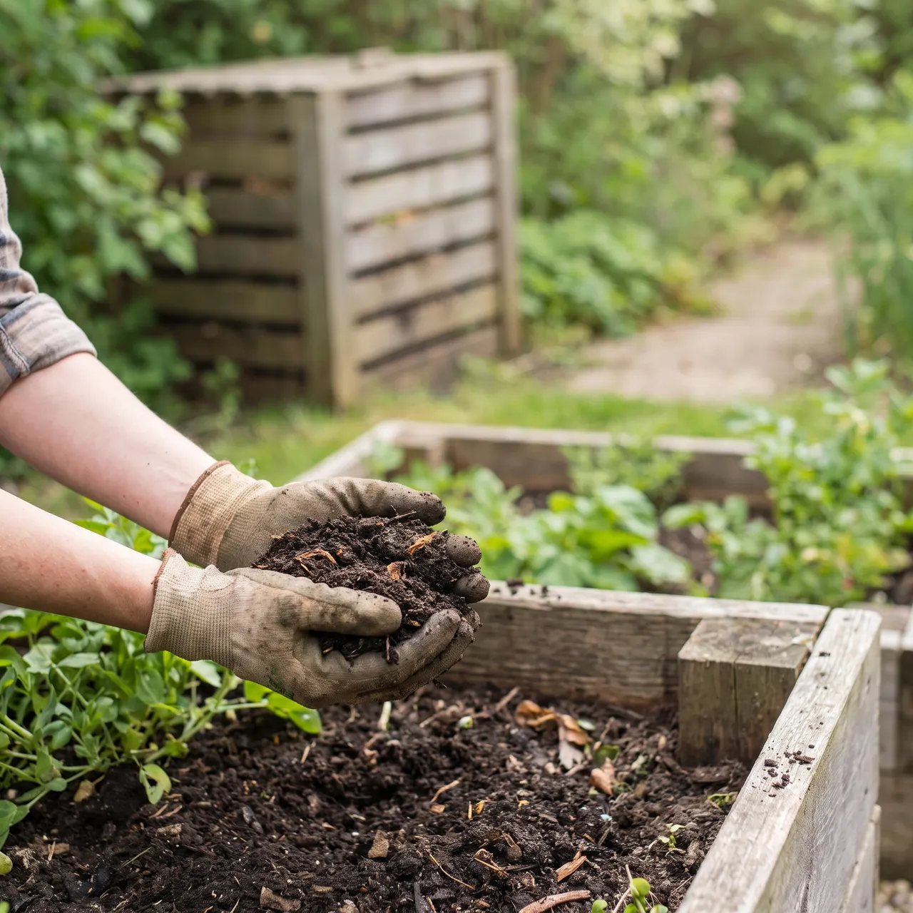 gentle photo of hands holding rich dark garden soil over a raised bed, with a wooden compost bin softly blurred in the background